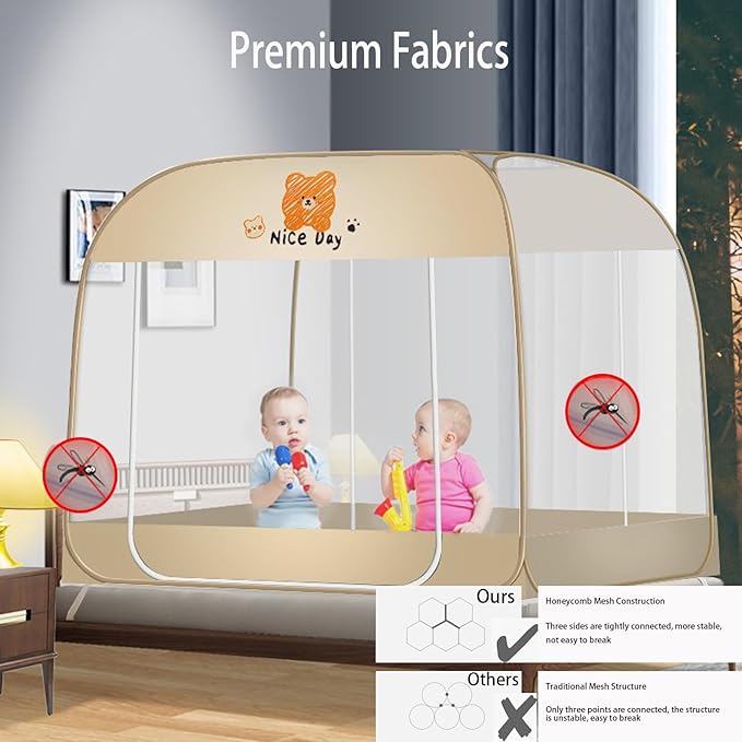 CMINGJ Mosquito Net for Bed, Portable pop up Mosquito Netting with Bottom, Free Installation-Suitable for Bedroom, Camping, Folding Portable Design for Baby Adults (Orange Bear) L79 x W71 x H61