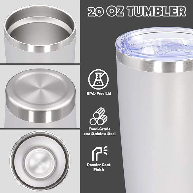 20oz Tumbler Bulk Stainless Steel Tumbler Cup with Lid Vacuum Insulated Double Wall Travel Mug, Durable Powder Coated Travel Coffee Tumbler Mug for Hot & Cold Drinks, White,8 Pack