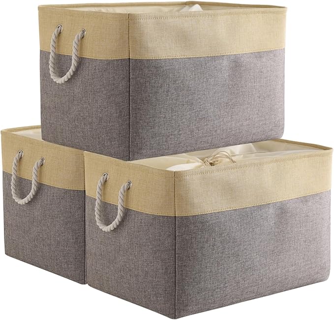 TheWarmHome Storage Bins Baskets for Organizing - Extra Jumbo 3 Pack 20.5Lx15.7Wx13.8H Sturdy Fabric Storage Basket for Shelves, Decorative Foldable Closet Nursery Toy (Gold&Grey)