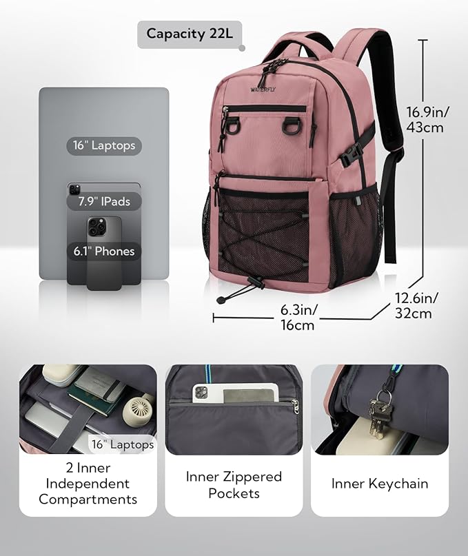 WATERFLY Travel Hiking Casual Backpack: 22L Lightweight Everyday Outdoor City Daypack College Bookbag for Woman Man