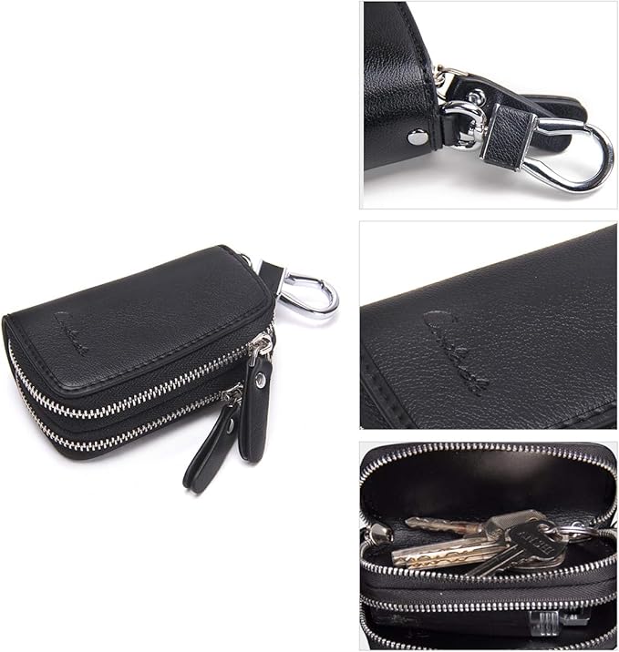 CONTACTS Car Key Case Small Leather Double Zipper Key Holder with 4 Keyrings Keys Organizer for Men Women