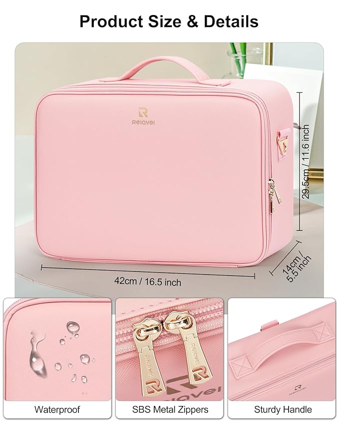 Relavel Makeup Bag with LED Mirror, 16.2 inches Large Professional Makeup Case for Makeup Artists, Travel Portable Cosmetic Organizer Storage Box, Vanity Case with 3 Colors Lighted Mirror, Pink