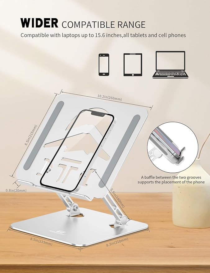 Laptop Stand Adjustable Laptop Holder for Desk, Foldable Laptop Riser Portable Computer Stand Compatible with MacBook, Lenovo, HP and All Laptops up to 15.6 inches Silver