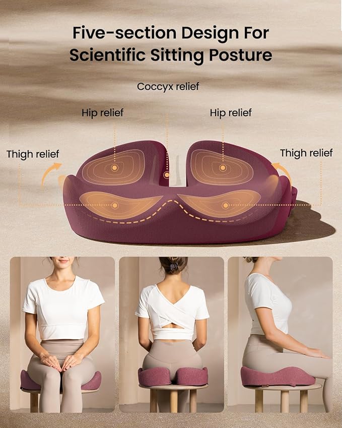 ProtoArc Seat Cushion, Office Chair Cushion for Sciatica, Coccyx Cushion, Ergonomic Memory Foam Seat Cushion for Car, Home, Pressure Relief Pad for Hip, Tailbone, All Day Comfort - Wine Red