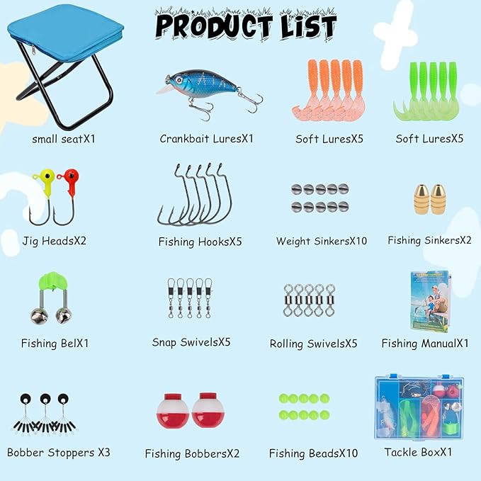Kids Fishing Pole Set, Telescopic Fishing Rod Reel Combo Kids Starter Kit with Lures Tackle Box, Foldable Stool and Portable Bag for Boys Girls Younth