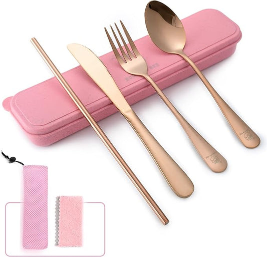 Boulder Bee Travel Utensils | Reusable Camping Cutlery | Stainless Steel Flatware | Portable Silverware Set with Case | Includes Knife/Fork/Spoon/Straw/Cleaning Cloth (Rose Gold)