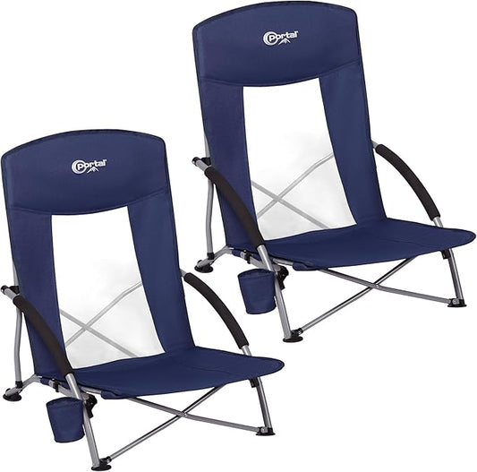 PORTAL Beach Chairs for Adults Camping Low Lightweight Portable Chair with Cup Holder Mesh Back Carry Bag for Outdoor Sand Lawn Travel Picnic Festival Concert, 350LBS
