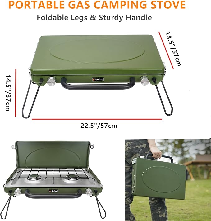 ONLYFIRE Portable Camping Stove 2-Burner, Propane Camp Stove with Foldable Legs, Camping Grill Stove with Adjustable Burners, Heavy-Duty Latch & Handle for Camping Tailgating RV BBQ, Green