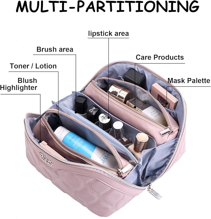 Travel Makeup Bags for Women Cosmetic Bag: Puffy Make up Bags Set of 3 - Vegan Leather Makeup Organizer - Waterproof Large Toiletry Bag with Compartments - Travel Essentials (Pink)