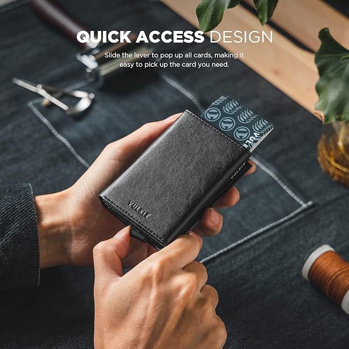 VULKIT Pop up Card Wallet Minimalist Cash Wallets RFID Blocking Leather Smart Credit Card Holder with ID window for Men(Black)