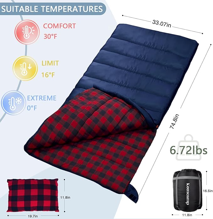 0 Degree Sleeping Bag Cotton Flannel Winter Cold Weather for Adults XXL Sleeping Bag 4 Season Big and Tall with Pillow Compression Sack