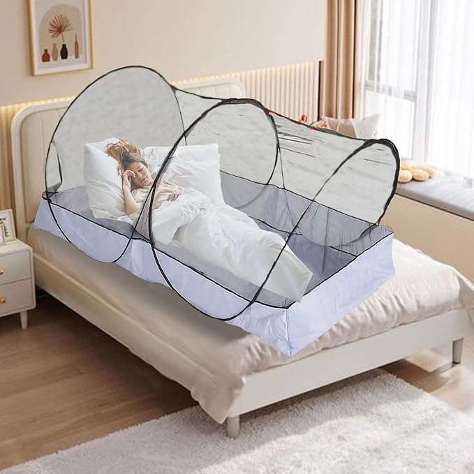 CMINGJ Portable Mosquito Net Foldable Pop-Up Travel Mosquito Net for Bed Free Installation-Suitable for Baby Adults Bedroom, Camping, nap, Patio (Large-Bottom Zipper(Black net))