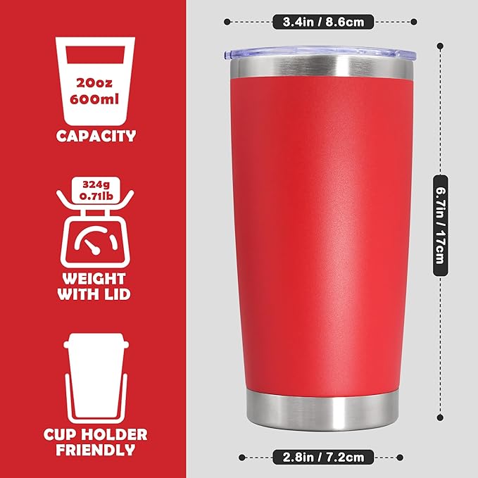 20oz Tumbler Stainless Steel Tumbler Cup with Lid Vacuum Insulated Double Wall Travel Mug, Durable Powder Coated Travel Coffee Tumbler Mug for Hot & Cold Drinks, Red,4 Pack