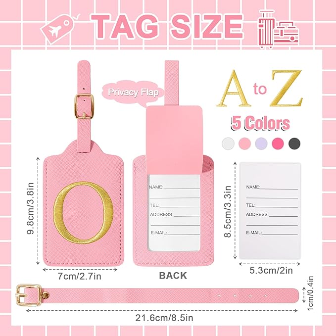 Personalized Initial Luggage Tags for Suitcase, Pink Leather Cute Luggage Tags with Privacy Cover Name Card, Embroidered Custom Monogrammed Luggage Tag Travel Bag Baggage Tags Gifts for Women Kids(O)