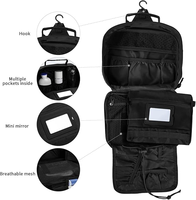Travel Toiletry Bag for Men,Hanging Hook Toiletry Bag, Spacious Portable Organizer Dopp Kit Shaving Bag for Toiletries Makeup Accessories Tactical Essentials - Black