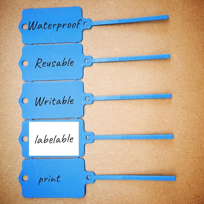 100pcs Reusable Blank Plastic Tags Ties Key Tags 1.45"*2.48" Serrated Tension Sealing Strap with Large Label Plastic Tie Mark Label Waterproof Hang Sign Write on Tag (Blue, 100pcs)