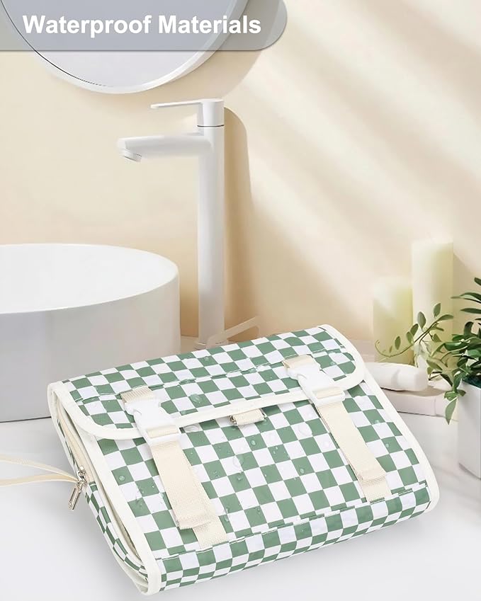 Relavel Travel Hanging Toiletry Bag for Women, Large Capacity Wash Bag with 360 degree Rotation Hanging Hook, Portable Toiletries Makeup Organizer Storage for Daily Use, Trip, Camping - Green Plaid