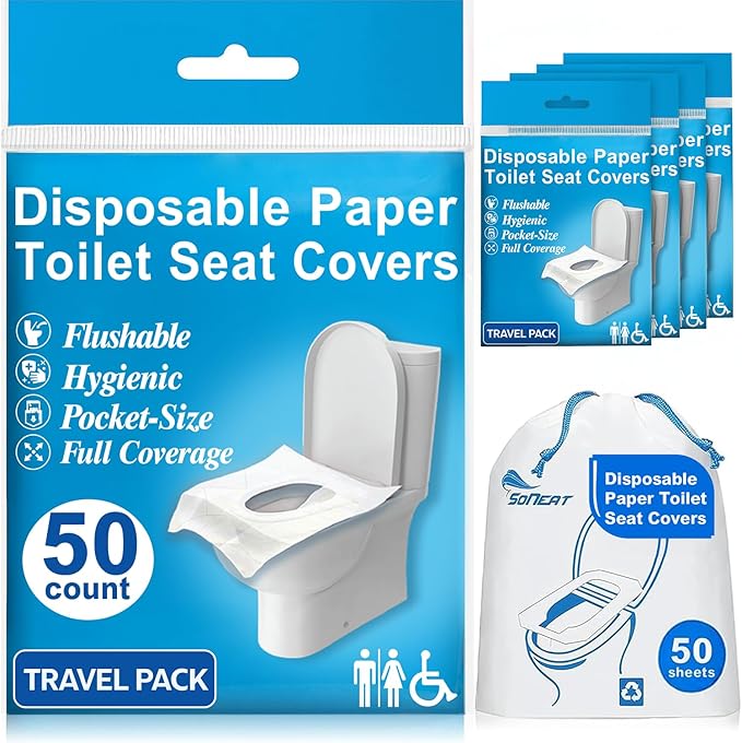 Disposable Toilet Seat Covers Flushable XL 50 Pack – Adults & Kids Potty Training Travel Toilet Seat Cover – 100% Biodegradable Public Restroom Protection for Airplane, Camping, Festivals