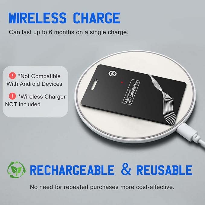 Wallet Tracker Card, Rechargeable Finder, Works With Apple Find My (iOS Only), Thin GPS Item Locator for Wallets, Luggage and More, IP68 Waterproof (Black)