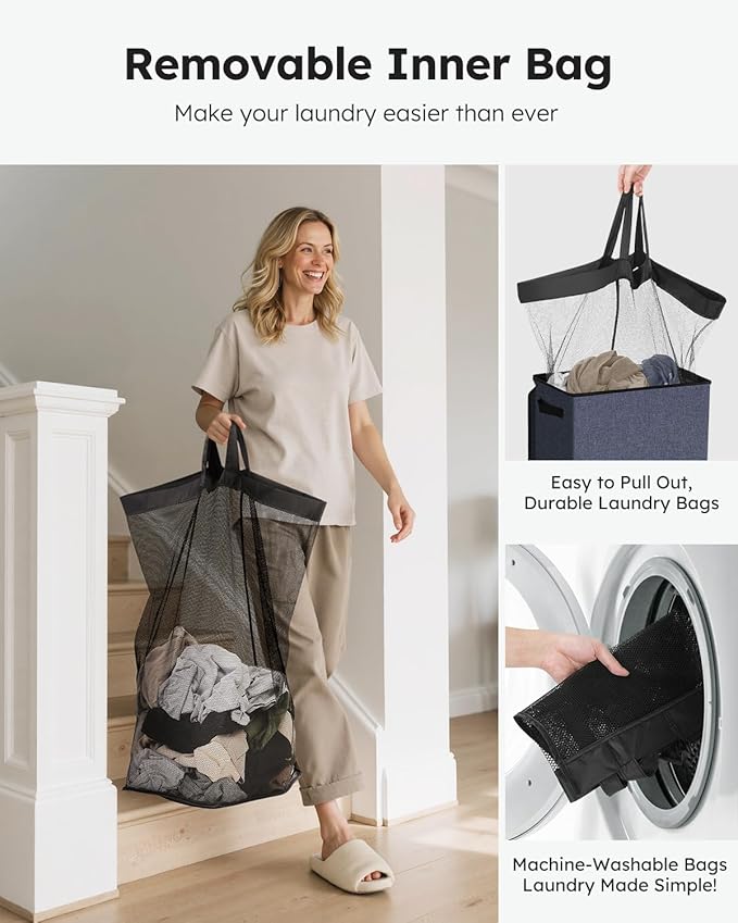 SOLEDI Laundry Hamper with Lid 100L Large & Tall Collapsible Laundry Basket, Clothes Hamper with Bag Removable Easy to Carry, Dirty Hampers for Bedroom, Bathroom, Dorm, College, Navy Blue
