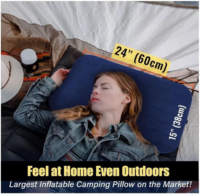 TREKOLOGY Camping Pillow - Large Inflatable (24"x15") for Home-Like Comfort, Portable & Ergonomic, Easy to Clean, Durable & Leak-Proof, Removable Strap for Secure Fit – ALUFT Ultra (Blue)