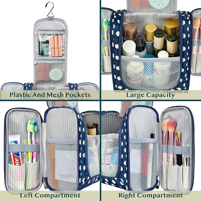 PAVILIA Toiletry Bag Travel Bag for Women Men, Hanging Cosmetic Organizer, Water Resistant Makeup Bag for Accessories Toiletries, Large Travel Essentials Kit (Navy Polka Dot)