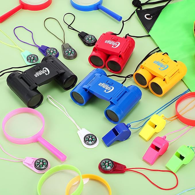 12 Set Binocular Compass Magnifying Glass Set Christmas Birthday Gift Small Telescope Binocular with Whistle Bag for Outdoor Exploring Stocking Stuffer(Assorted Color,Novelty)