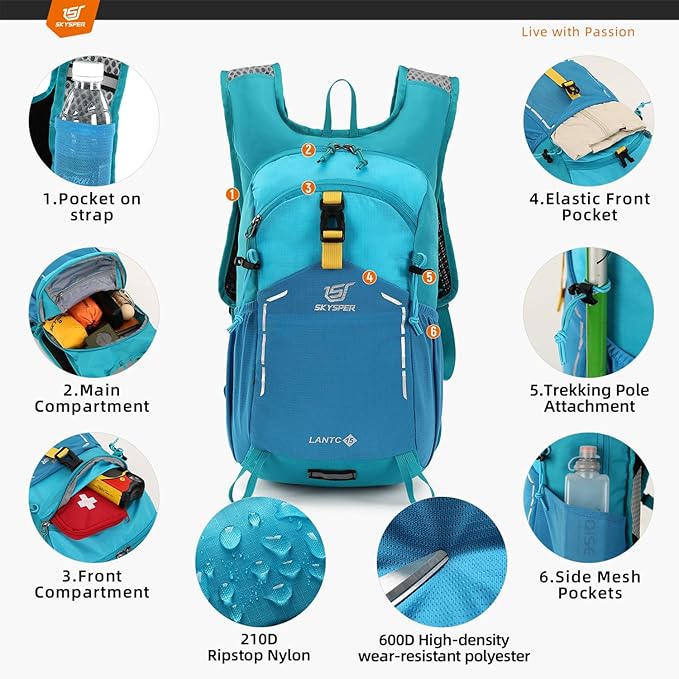 SKYSPER Small Hiking Backpack - 15L Travel Daypack Lightweight Bag Water Resistant Hiking Backpacks for Women Men(Blue)