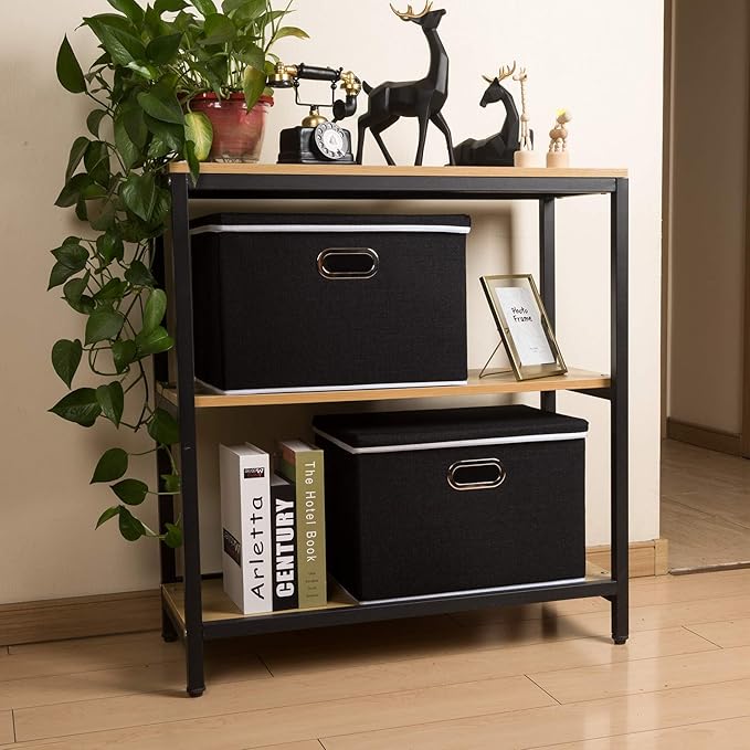 PRANDOM Large Foldable Storage Boxes with Lids [3-Pack] Fabric Collapsible Storage Bins Organizer Containers Baskets Cube with Cover for Home Bedroom Closet Office Nursery Black(17.7x11.8x11.8)