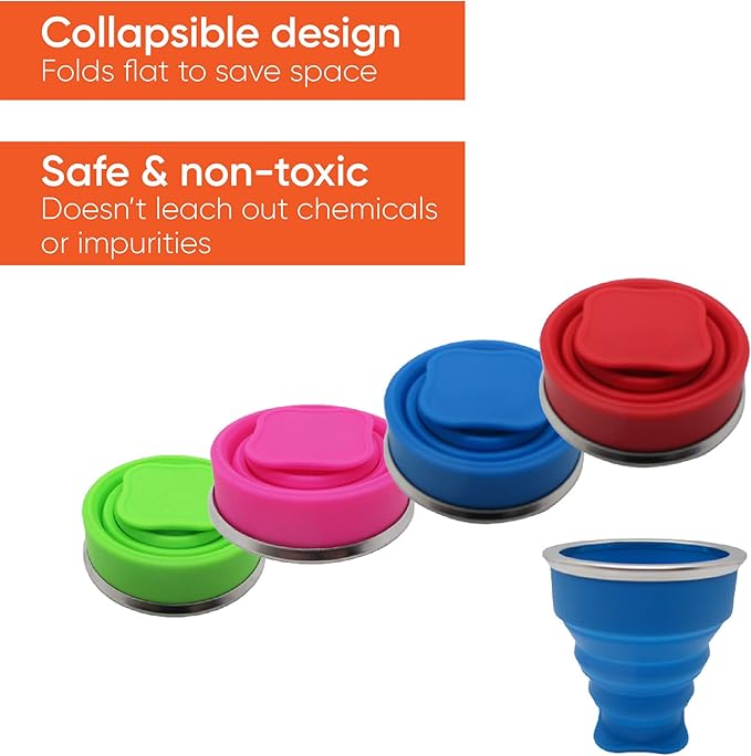 Collapsible Drinking Cup (Pack of 4) - Reusable Travel Mug - Silicone Drinking Glass for Hiking, Picnic, Camping & More - Small Portable cup for Outdoors - Folding Cups with Lids