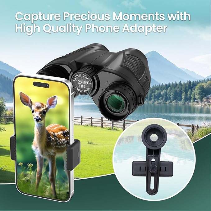 12x30 Compact Binoculars for Adults and Kids, High Power Lightweight Small Binoculars with Phone Adapter for Cruise Ship Hiking Bird Watching Sports Safari Viewing Football Sports Concert