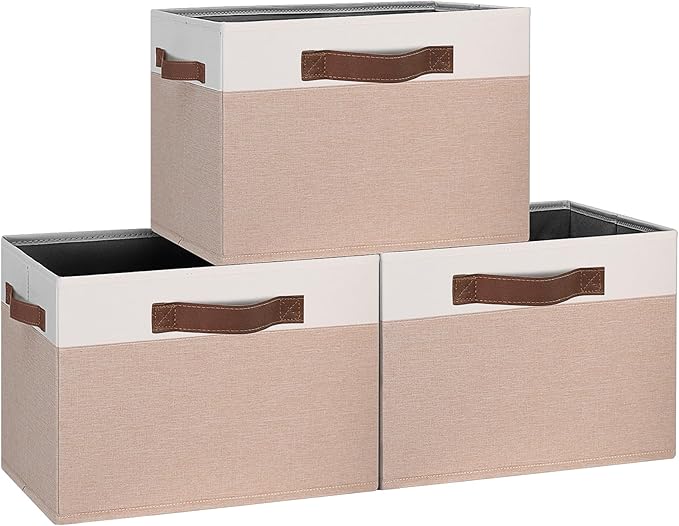GhvyenntteS Large Fabric Storage Bins with Handles, 15x11x9.6 Inch Storage Baskets for Shelves, Foldable Closet Storage Bins for Shelves, Closet Organizers and Storage Boxes, Beige Yellow&White