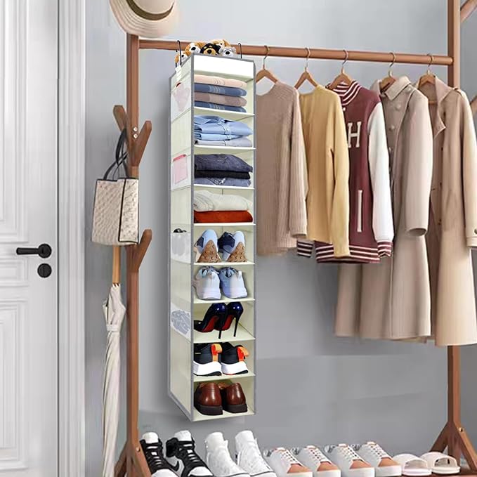 Large-Sized Hanging Shoe Organizer 10-Shelf, Sturdy Hanging Closet Organizer with 8 Side Pockets, Wider Hanging Shelves for Storage Shoes Clothes Jeans Shirts Toys, Beige