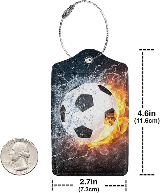 2 Pack Luggage Tags for suitcases Football Soccer Ball Luggage Tag, Leather Stainless Steel Loop Label Tag for Men Women Travel Bag Suitcase(Soccer)