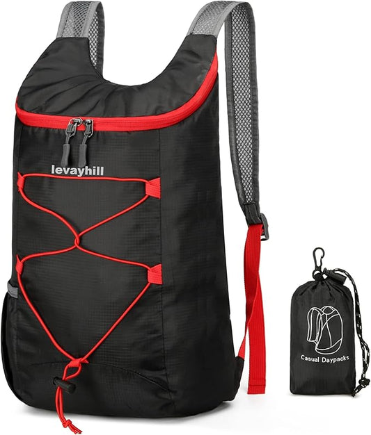 16L Hiking Daypack Lightweight Foldable Travel Backpack Water Repellent Camping Outdoor Packable Easy Carry-on Bag (Black+Red)