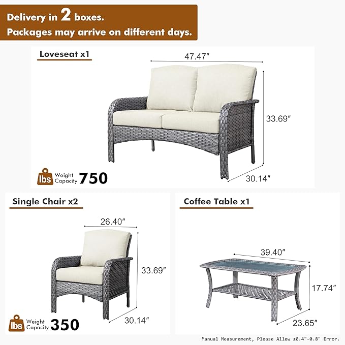 HOOOWOOO Patio Furniture Set,4 Pieces Outdoor Conversation Set,All Weather Wicker Loveseat Sofa Set with High Back Chairs Table,Beige