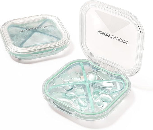 1 Pack Small Green Pill Organizer, 4 Compartments, Compact Stylish Cute Travel Camping Pill Box Daily Medicine Pill Case, Portable and Moistureproof to Store Vitamins, Medication and Supplements