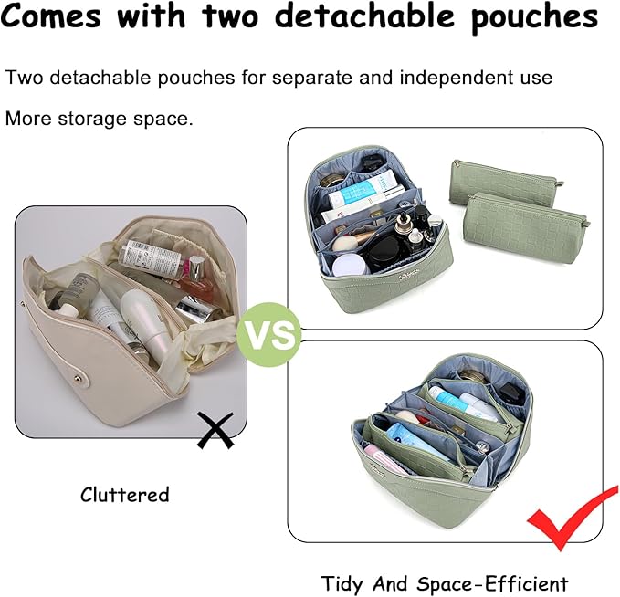 Travel Makeup Bag Organizer Cosmetic Bag: 3 Pcs Set Make up Bags for Women with Handle - Waterproof Vegan Leather Toiletry Bags with Comparments (C-06-Green)
