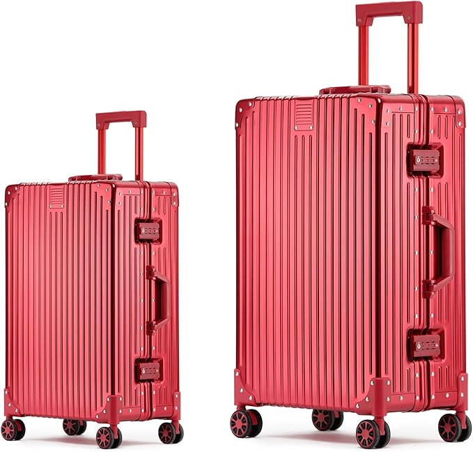 Metal All Aluminum Carry-on Luggage TSA Customs Lock Zipperless Silent Rotary Wheel Business Suitcase Aluminum Frame Set (red, 2Piece(20/26))