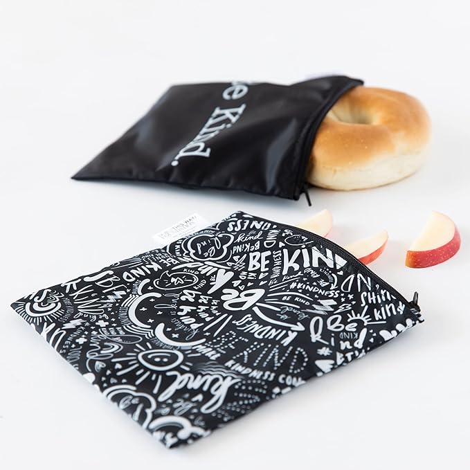 Bumkins Reusable Sandwich and Snack Bags, for Kids School Lunch and for Adults Portion, Washable Fabric, Waterproof Cloth Zip Bag, Travel Pouch, Food-Safe Storage, Large 2-pk Born This Way Be Kind