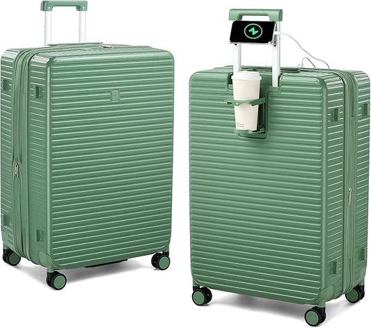 28 Inch Luggage Hard Shell Suitcases, Expandable Travel Checked Luggage 28 Inch, Large Check In Luggage with Spinner Wheels Cup Holder Charger Built in Lightweight Suitcase, Forest Green