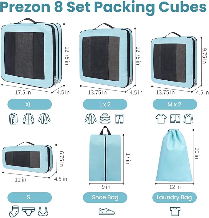 8 Set/6 Set/4 Set Compression Packing Cubes for Travel, Lightweight Vacation Travel Essentials, Travel Accessories for Suitcase Organizer Bags Set, Durable Luggage Organizer