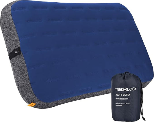 TREKOLOGY Camping Pillow - Large Inflatable (24"x15") for Home-Like Comfort, Portable & Ergonomic, Easy to Clean, Durable & Leak-Proof, Removable Strap for Secure Fit – ALUFT Ultra (Blue)