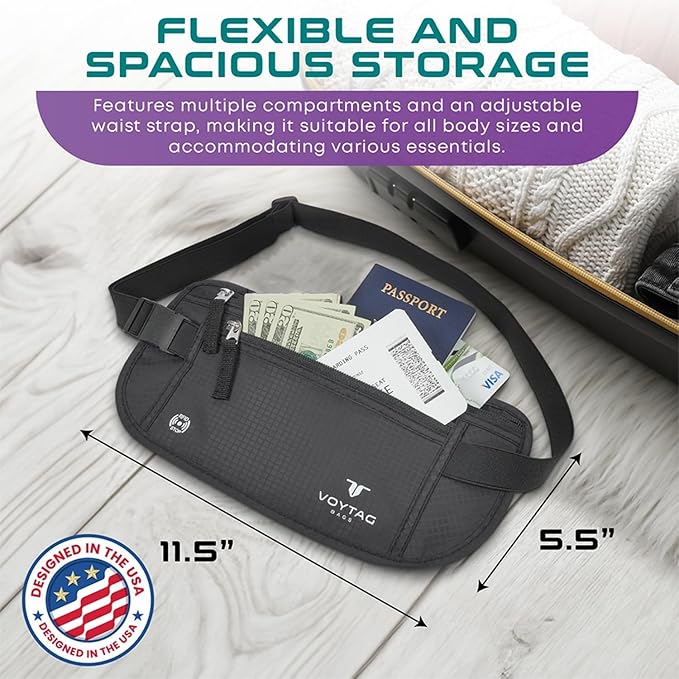 Travel Money Belt & Passport Holder - RFID Blocking Slim Travel Wallet & Fanny Pack for Men and Women - Essential Travel Pouch for Cash, Credit Cards, and Documents