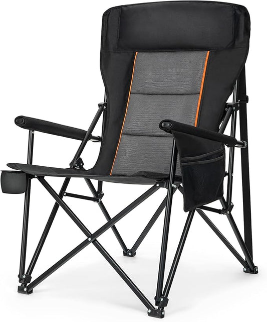 LET'S CAMP Oversized Camping Chairs 29.52" High Back Heavy Duty Lawn Chair Support 500LBS, Portable Collapsible Chair with Cup Holder, Side Pocket(Black)