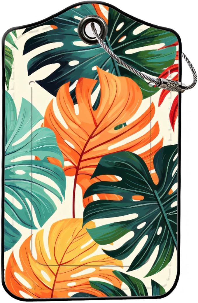 Luggage Tags for Suitcases, 2-Pack PU Leather for Cruise & Travel, Baggage ID Tags with Privacy Cover & Address Card, Durable Metal Ring, Kids Adults Travel Accessories, Vibrant Tropical Foliage