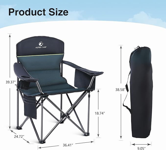 HIGH POINT SPORTS Camping Folding Chair, Heavy Duty Oversized Portable Outdoor Chair, Foldable Camp Chair with Cup Holder and Cooler Bag Support 450 LBS, Green…