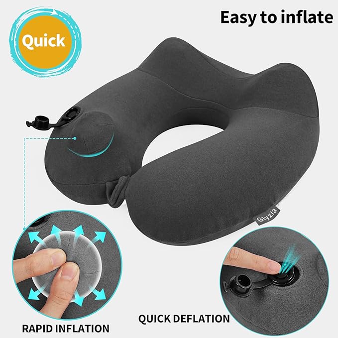 2 Pack Inflatable Travel Neck Pillows for Airplanes, Head Support Velvet Adult Neck Pillows for Long Flight, Kit with Eye Mask, Earplugs and Storage Bag, 2, Dark Gray