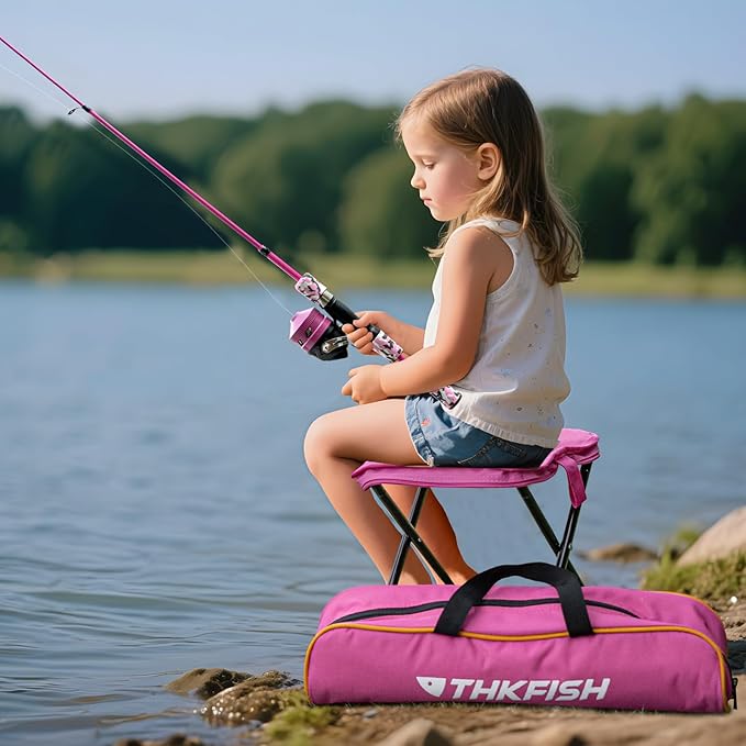 Kids Fishing Pole Set, Telescopic Fishing Rod Reel Combo Kids Starter Kit with Lures Tackle Box, Foldable Stool and Portable Bag for Boys Girls Younth