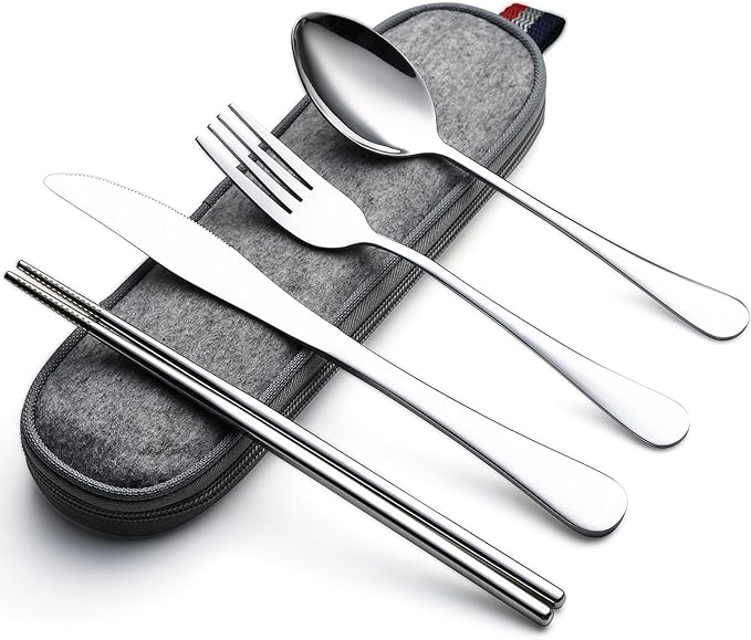 DEVICO Camping Utensils, Portable Travel Utensils with Case, Stainless Steel Reusable Silverware for Lunch Adult, 5Pcs Cutlery Set Includes Knife Spoon Fork Chopsticks and Case (Silver)
